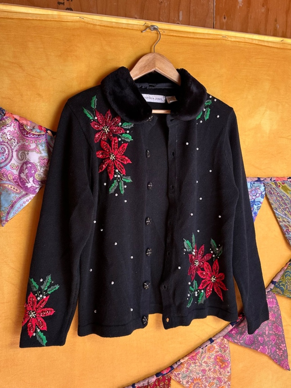 Victoria Jones Black Poinsettia Embroidered Cardigan with Fur Collar